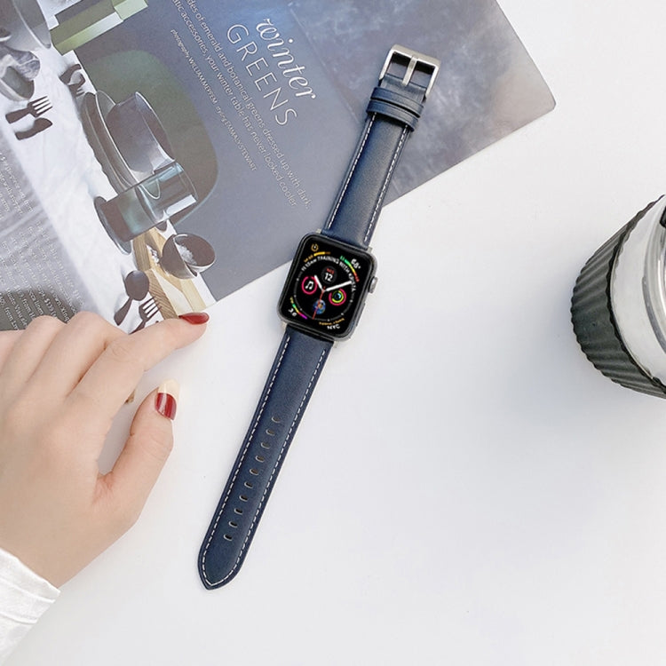 Genuine Leather Watch Band For Apple Watch Ultra 49mm&Watch Ultra 2 49mm / Series 9&8&7 45mm / SE 3&SE 2&6&SE&5&4 44mm / 3&2&1 42mm(Blue) by bashfashion