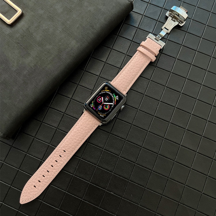 Lychee Genuine Leather Watch Band For Apple Watch Series 9&8&7 41mm / SE 3&SE 2&6&SE&5&4 40mm / 3&2&1 38mm(Sand Pink) by bashfashion