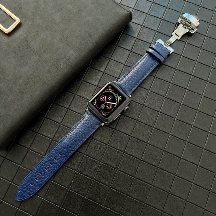 Lychee Genuine Leather Watch Band For Apple Watch Series 9&8&7 41mm / SE 3&SE 2&6&SE&5&4 40mm / 3&2&1 38mm(Midnight Blue) by bashfashion