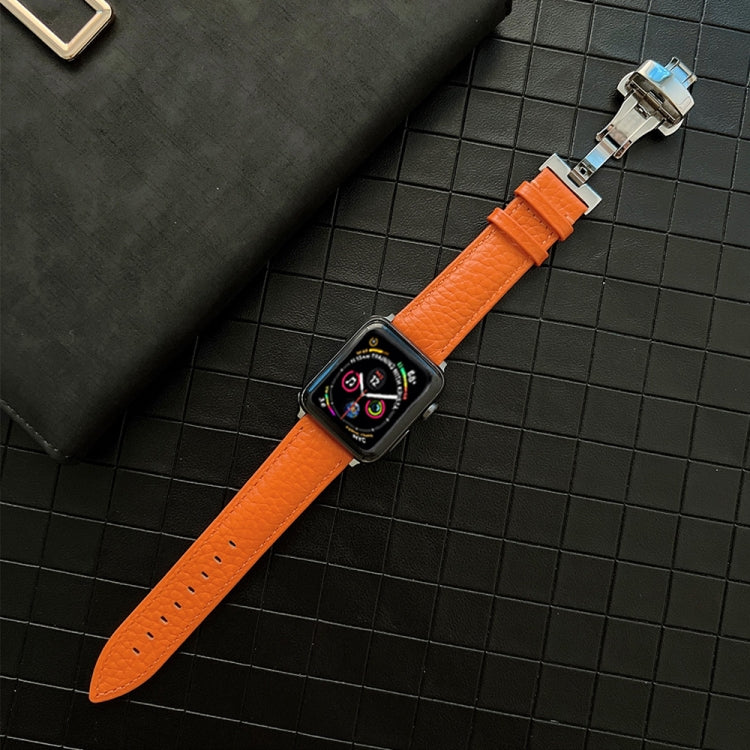 Lychee Genuine Leather Watch Band For Apple Watch Series 9&8&7 41mm / SE 3&SE 2&6&SE&5&4 40mm / 3&2&1 38mm(Orange) by bashfashion