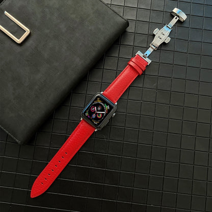 Lychee Genuine Leather Watch Band For Apple Watch Series 9&8&7 41mm / SE 3&SE 2&6&SE&5&4 40mm / 3&2&1 38mm(Red) by bashfashion