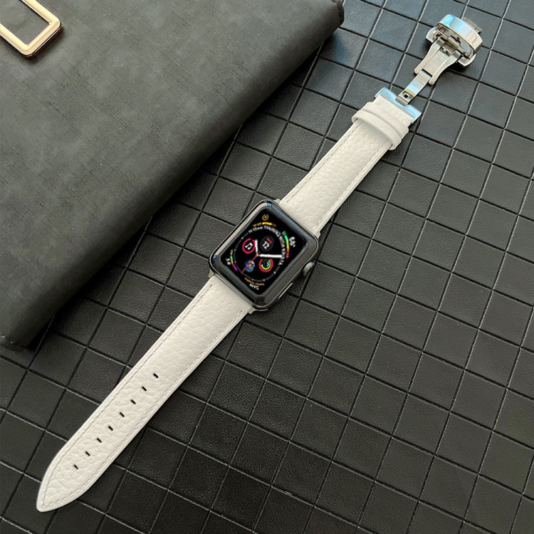 Lychee Genuine Leather Watch Band For Apple Watch Ultra 49mm&Watch Ultra 2 49mm / Series 9&8&7 45mm / SE 3&SE 2&6&SE&5&4 44mm / 3&2&1 42mm(White) by bashfashion