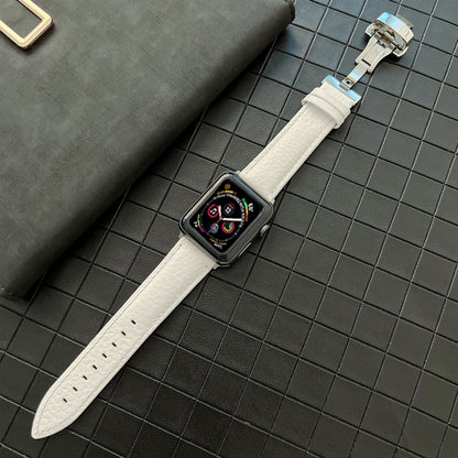 Lychee Genuine Leather Watch Band For Apple Watch Ultra 49mm&Watch Ultra 2 49mm / Series 9&8&7 45mm / SE 3&SE 2&6&SE&5&4 44mm / 3&2&1 42mm(White) by bashfashion
