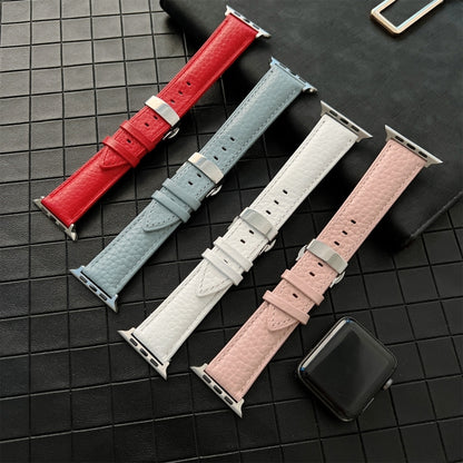 Lychee Genuine Leather Watch Band For Apple Watch Ultra 49mm&Watch Ultra 2 49mm / Series 9&8&7 45mm / SE 3&SE 2&6&SE&5&4 44mm / 3&2&1 42mm(White) by bashfashion