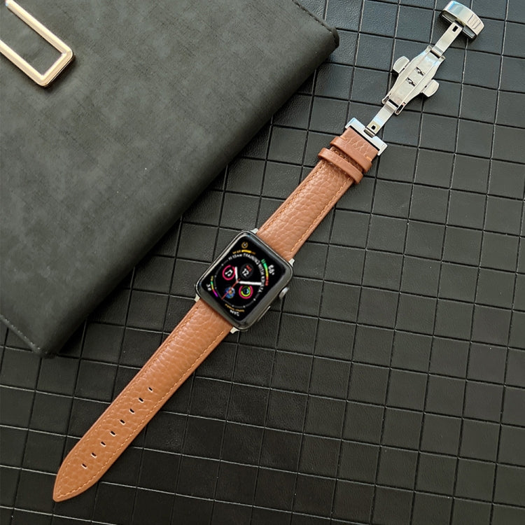 Lychee Genuine Leather Watch Band For Apple Watch Ultra 49mm&Watch Ultra 2 49mm / Series 9&8&7 45mm / SE 3&SE 2&6&SE&5&4 44mm / 3&2&1 42mm(Brown) by bashfashion