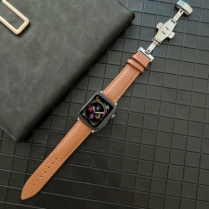 Lychee Genuine Leather Watch Band For Apple Watch Ultra 49mm&Watch Ultra 2 49mm / Series 9&8&7 45mm / SE 3&SE 2&6&SE&5&4 44mm / 3&2&1 42mm(Brown) by bashfashion