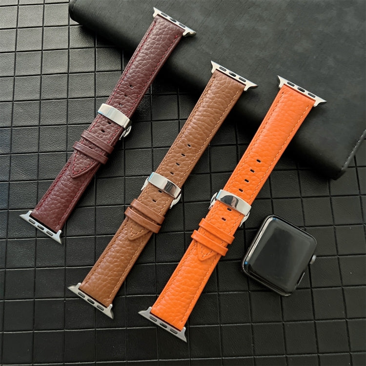 Lychee Genuine Leather Watch Band For Apple Watch Ultra 49mm&Watch Ultra 2 49mm / Series 9&8&7 45mm / SE 3&SE 2&6&SE&5&4 44mm / 3&2&1 42mm(Brown) by bashfashion