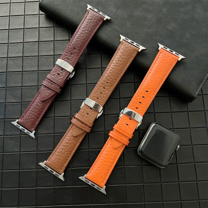 Lychee Genuine Leather Watch Band For Apple Watch Ultra 49mm&Watch Ultra 2 49mm / Series 9&8&7 45mm / SE 3&SE 2&6&SE&5&4 44mm / 3&2&1 42mm(Brown) by bashfashion