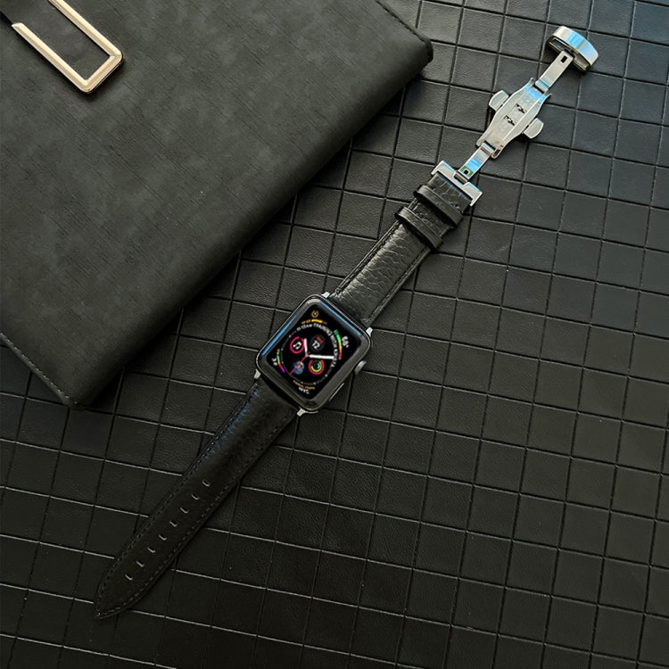Lychee Genuine Leather Watch Band For Apple Watch Ultra 49mm&Watch Ultra 2 49mm / Series 9&8&7 45mm / SE 3&SE 2&6&SE&5&4 44mm / 3&2&1 42mm(Black) by bashfashion