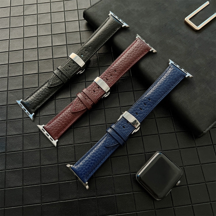 Lychee Genuine Leather Watch Band For Apple Watch Ultra 49mm&Watch Ultra 2 49mm / Series 9&8&7 45mm / SE 3&SE 2&6&SE&5&4 44mm / 3&2&1 42mm(Black) by bashfashion