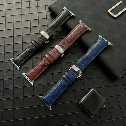 Lychee Genuine Leather Watch Band For Apple Watch Ultra 49mm&Watch Ultra 2 49mm / Series 9&8&7 45mm / SE 3&SE 2&6&SE&5&4 44mm / 3&2&1 42mm(Black) by bashfashion