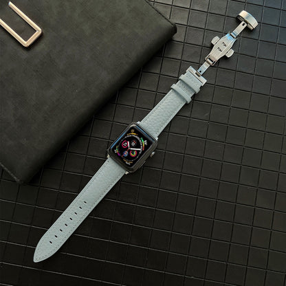 Lychee Genuine Leather Watch Band For Apple Watch Ultra 49mm&Watch Ultra 2 49mm / Series 9&8&7 45mm / SE 3&SE 2&6&SE&5&4 44mm / 3&2&1 42mm(Light Blue) by bashfashion