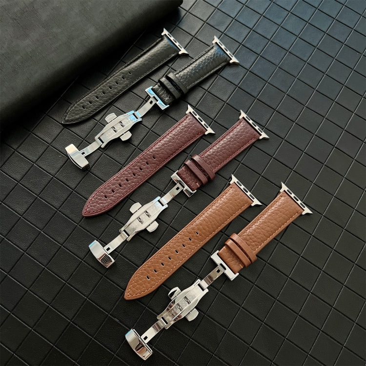 Lychee Genuine Leather Watch Band For Apple Watch Ultra 49mm&Watch Ultra 2 49mm / Series 9&8&7 45mm / SE 3&SE 2&6&SE&5&4 44mm / 3&2&1 42mm(Brown) by bashfashion
