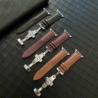 Lychee Genuine Leather Watch Band For Apple Watch Ultra 49mm&Watch Ultra 2 49mm / Series 9&8&7 45mm / SE 3&SE 2&6&SE&5&4 44mm / 3&2&1 42mm(Black) by bashfashion