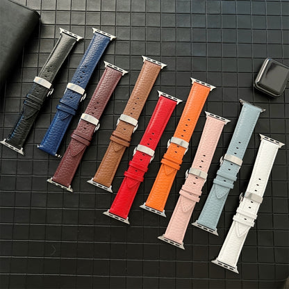 Lychee Genuine Leather Watch Band For Apple Watch Ultra 49mm&Watch Ultra 2 49mm / Series 9&8&7 45mm / SE 3&SE 2&6&SE&5&4 44mm / 3&2&1 42mm(Black) by bashfashion