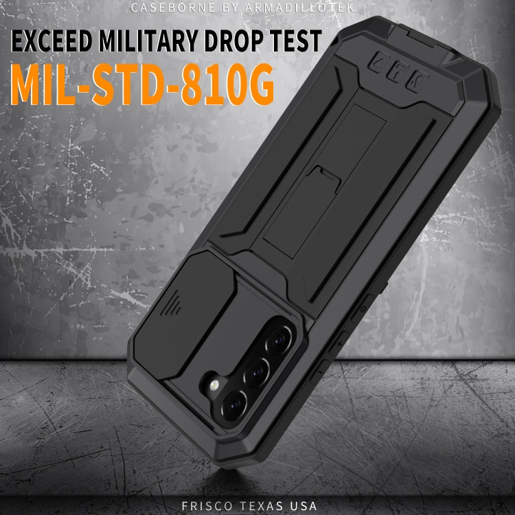 For Samsung Galaxy S22 5G R-JUST Sliding Camera Metal + Silicone Holder Phone Case(Black) by R-JUST