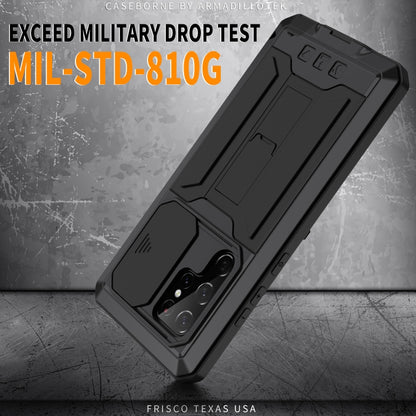 For Samsung Galaxy S22 Ultra 5G R-JUST Sliding Camera Metal + Silicone Holder Phone Case(Black) by R-JUST