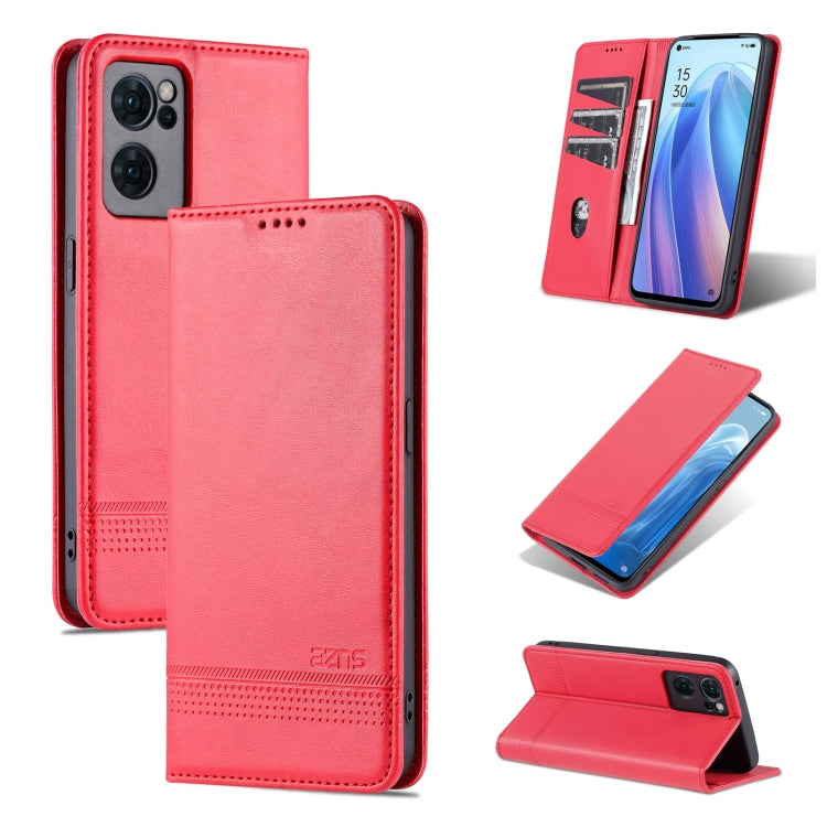 For OPPO Reno7 AZNS Magnetic Calf Texture Horizontal Flip Leather Phone Case(Red) by AZNS