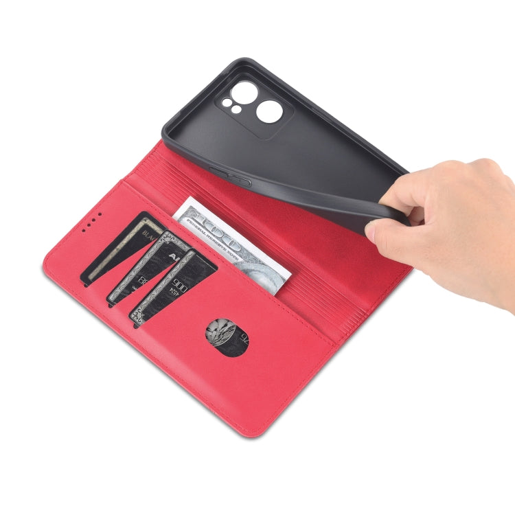 For OPPO Reno7 AZNS Magnetic Calf Texture Horizontal Flip Leather Phone Case(Red) by AZNS