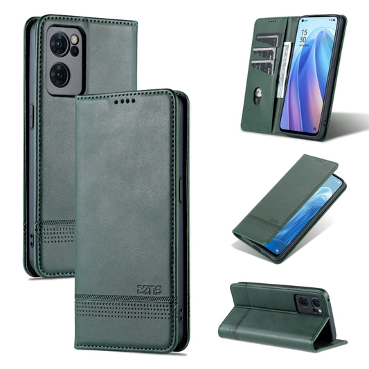 For OPPO Reno7 AZNS Magnetic Calf Texture Horizontal Flip Leather Phone Case(Dark Green) by AZNS