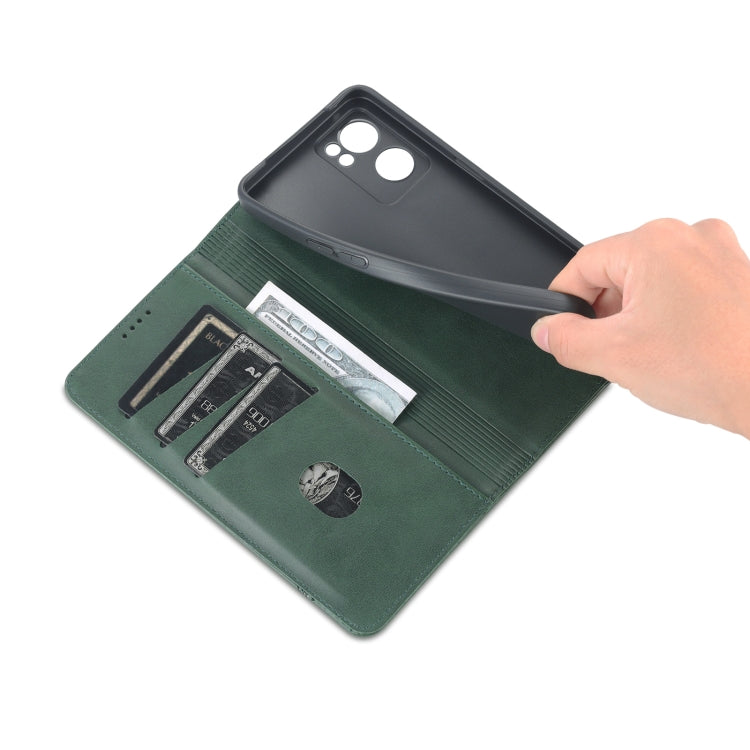 For OPPO Reno7 AZNS Magnetic Calf Texture Horizontal Flip Leather Phone Case(Dark Green) by AZNS