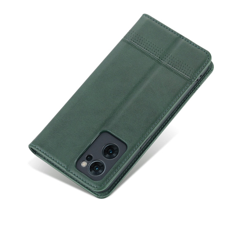 For OPPO Reno7 AZNS Magnetic Calf Texture Horizontal Flip Leather Phone Case(Dark Green) by AZNS