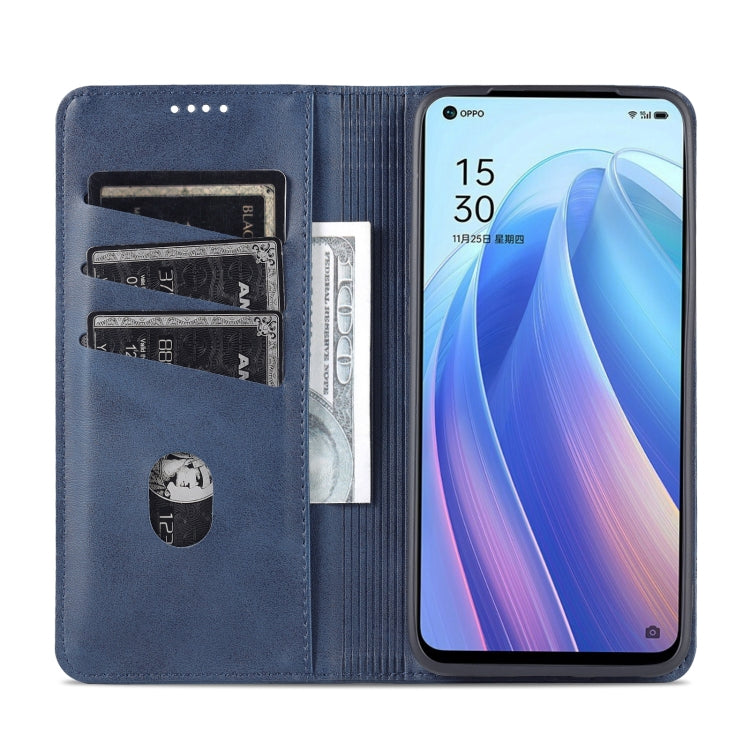 For OPPO Reno7 AZNS Magnetic Calf Texture Horizontal Flip Leather Phone Case(Dark Blue) by AZNS