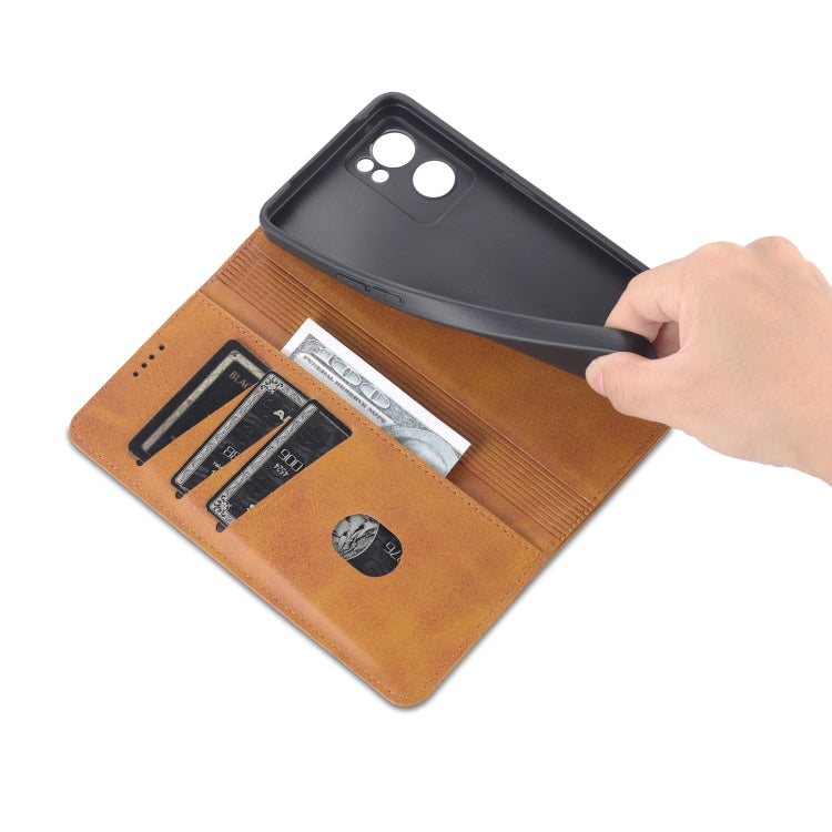 For OPPO Reno7 AZNS Magnetic Calf Texture Horizontal Flip Leather Phone Case(Light Brown) by AZNS