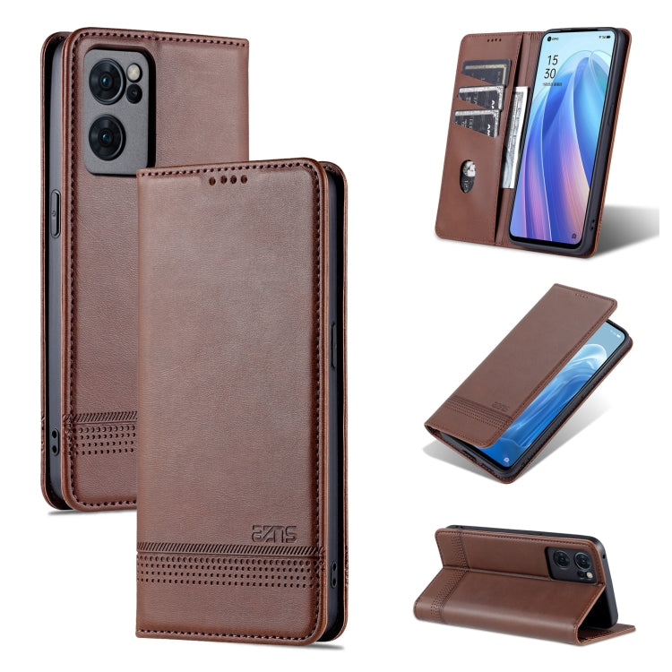 For OPPO Reno7 AZNS Magnetic Calf Texture Horizontal Flip Leather Phone Case(Dark Brown) by AZNS