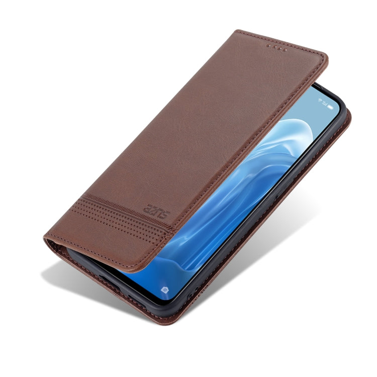 For OPPO Reno7 AZNS Magnetic Calf Texture Horizontal Flip Leather Phone Case(Dark Brown) by AZNS