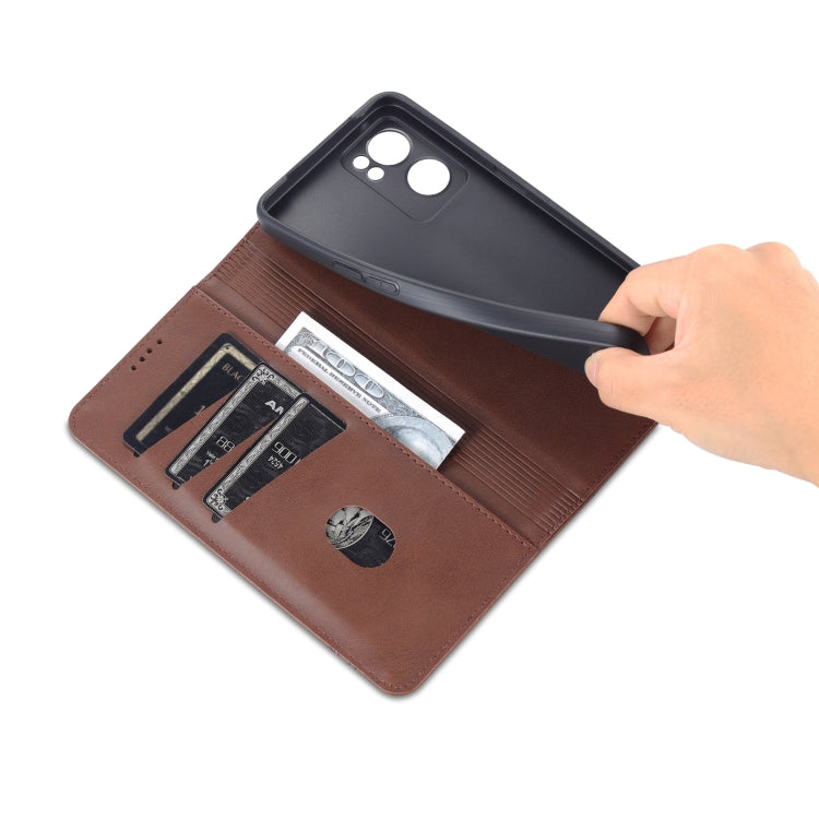 For OPPO Reno7 AZNS Magnetic Calf Texture Horizontal Flip Leather Phone Case(Dark Brown) by AZNS