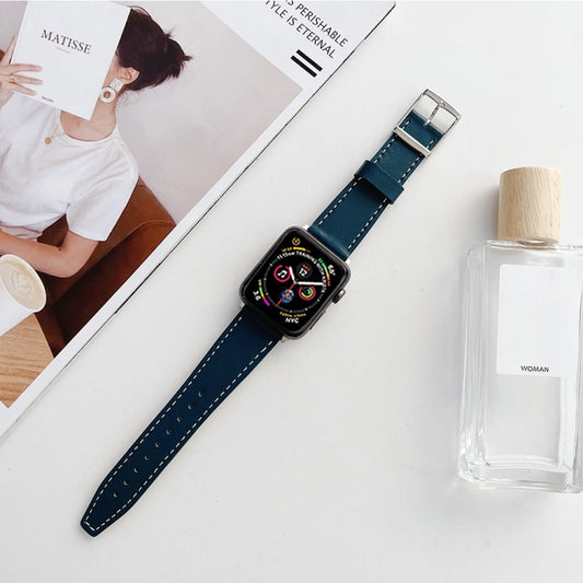 Flat Texture Leather Strap For Apple Watch Series 9&8&7 41mm / SE 3&SE 2&6&SE&5&4 40mm / 3&2&1 38mm(Blue) by bashfashion