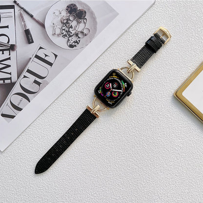 D-shaped Steel + Genuine Leather Watch Band For Apple Watch Series 9&8&7 41mm / SE 3&SE 2&6&SE&5&4 40mm / 3&2&1 38mm(Gold + Black) by bashfashion