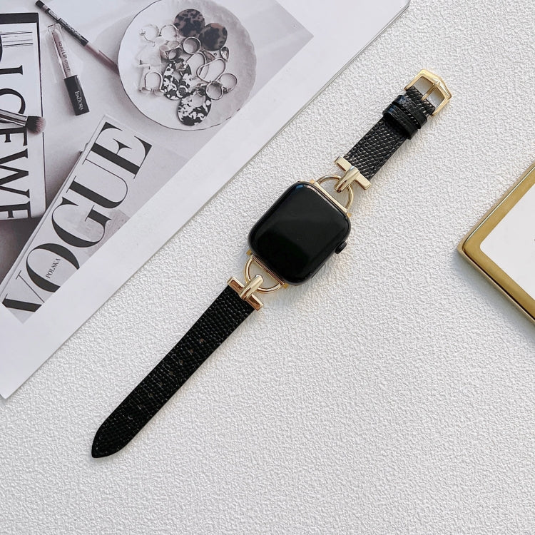 D-shaped Steel + Genuine Leather Watch Band For Apple Watch Series 9&8&7 41mm / SE 3&SE 2&6&SE&5&4 40mm / 3&2&1 38mm(Gold + Black) by bashfashion