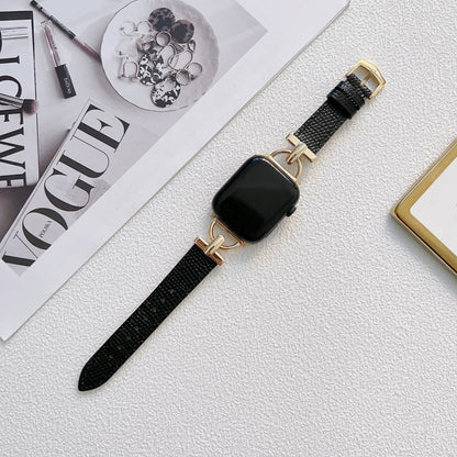 D-shaped Steel + Genuine Leather Watch Band For Apple Watch Series 9&8&7 41mm / SE 3&SE 2&6&SE&5&4 40mm / 3&2&1 38mm(Gold + Black) by bashfashion