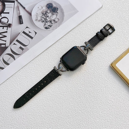 D-shaped Steel + Genuine Leather Watch Band For Apple Watch Series 9&8&7 41mm / SE 3&SE 2&6&SE&5&4 40mm / 3&2&1 38mm(Silver + Black) by bashfashion