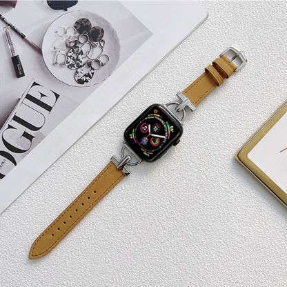 D-shaped Steel + Genuine Leather Watch Band For Apple Watch Series 9&8&7 41mm / SE 3&SE 2&6&SE&5&4 40mm / 3&2&1 38mm(Silver + Brown) by bashfashion