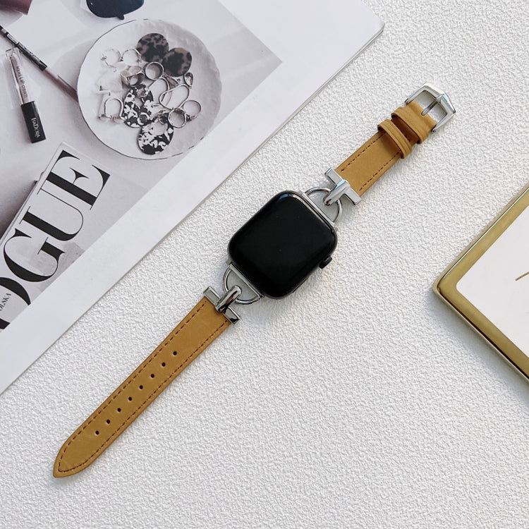 D-shaped Steel + Genuine Leather Watch Band For Apple Watch Series 9&8&7 41mm / SE 3&SE 2&6&SE&5&4 40mm / 3&2&1 38mm(Silver + Brown) by bashfashion