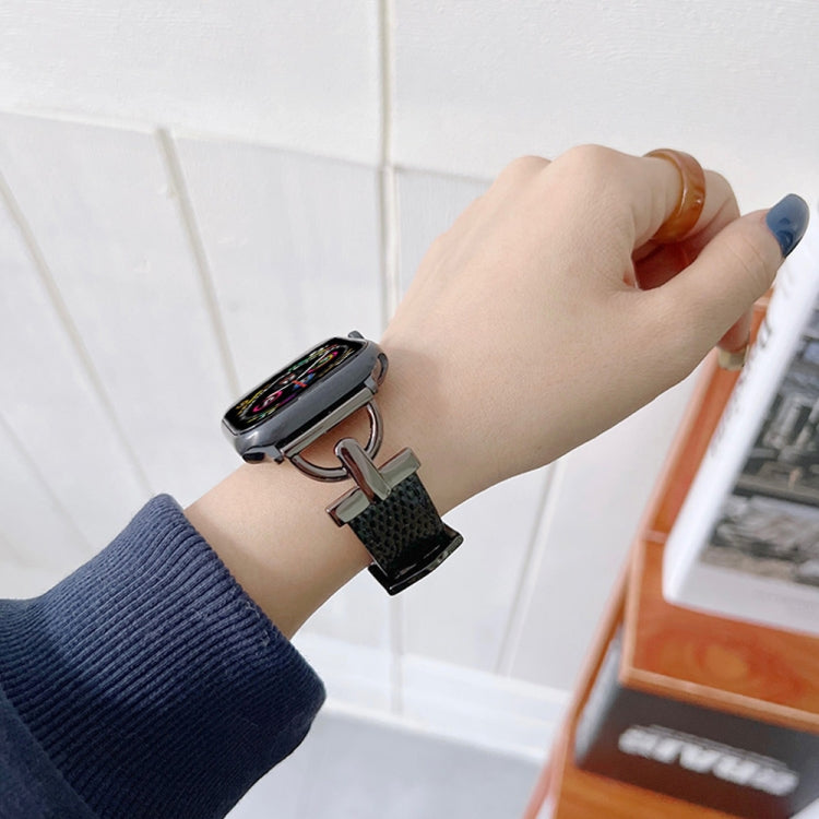 D-shaped Steel + Genuine Leather Watch Band For Apple Watch Series 9&8&7 41mm / SE 3&SE 2&6&SE&5&4 40mm / 3&2&1 38mm(Silver + Black) by bashfashion