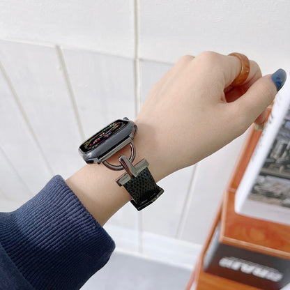 D-shaped Steel + Genuine Leather Watch Band For Apple Watch Series 9&8&7 41mm / SE 3&SE 2&6&SE&5&4 40mm / 3&2&1 38mm(Silver + Black) by bashfashion