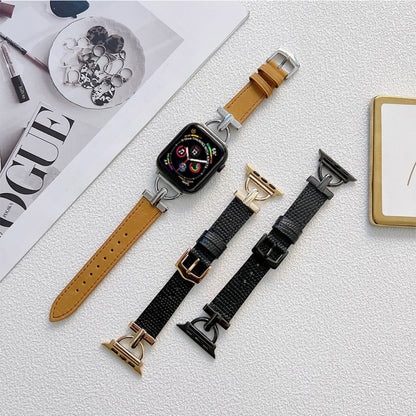 D-shaped Steel + Genuine Leather Watch Band For Apple Watch Ultra 49mm&Watch Ultra 2 49mm / Series 9&8&7 45mm / SE 3&SE 2&6&SE&5&4 44mm / 3&2&1 42mm(Silver + Black) by bashfashion