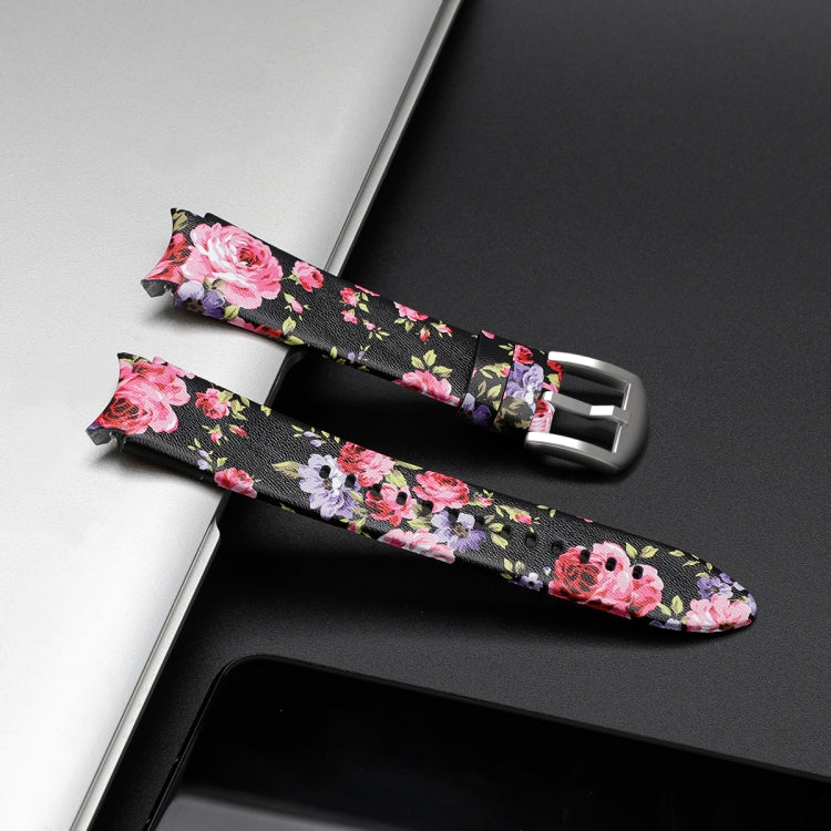 For Samsung Galaxy Watch4 40mm / 44mm Genuine Leather Watch Band(Black Pink Flowers) by bashfashion