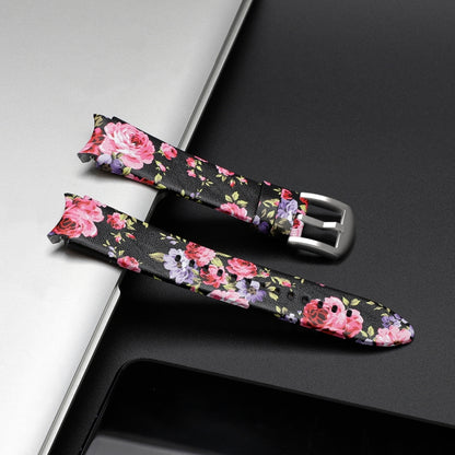 For Samsung Galaxy Watch4 40mm / 44mm Genuine Leather Watch Band(Black Pink Flowers) by bashfashion