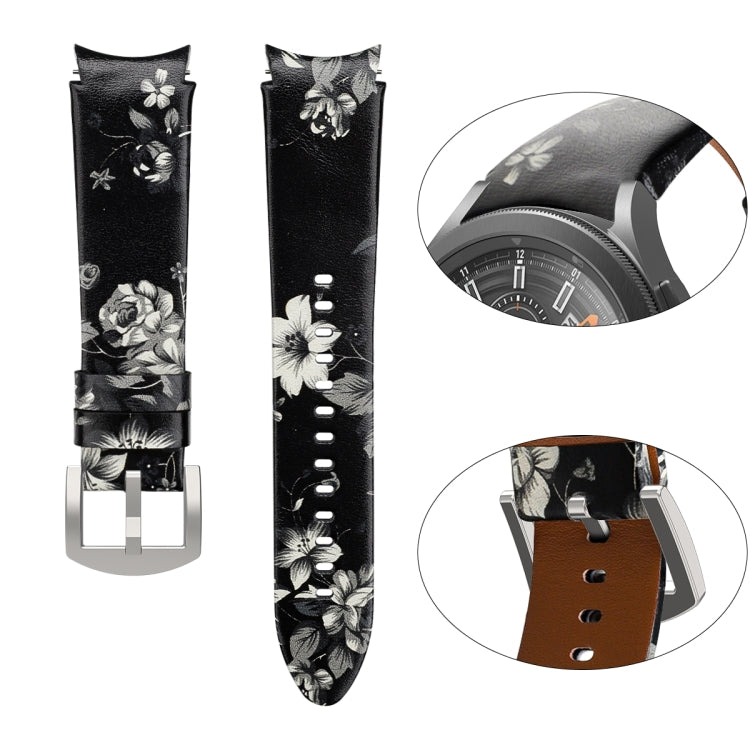 For Samsung Galaxy Watch4 40mm / 44mm Genuine Leather Watch Band(Black Grey Flowers) by bashfashion