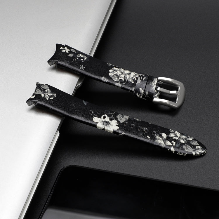 For Samsung Galaxy Watch4 40mm / 44mm Genuine Leather Watch Band(Black Grey Flowers) by bashfashion