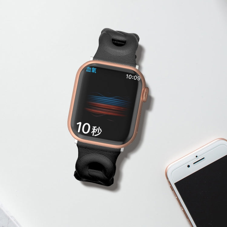 Double Rings Genuine Leather Watch Band For Apple Watch Series 9&8&7 41mm / SE 3&SE 2&6&SE&5&4 40mm / 3&2&1 38mm(Black) by bashfashion