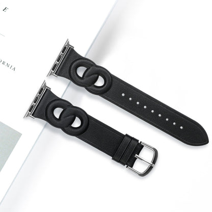 Double Rings Genuine Leather Watch Band For Apple Watch Ultra 49mm&Watch Ultra 2 49mm / Series 9&8&7 45mm / SE 3&SE 2&6&SE&5&4 44mm / 3&2&1 42mm(Black) by bashfashion