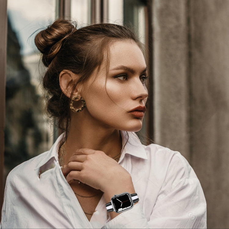 Color Matching Leather Watch Band For Apple Watch Ultra 49mm&Watch Ultra 2 49mm / Series 9&8&7 45mm / SE 3&SE 2&6&SE&5&4 44mm / 3&2&1 42mm(Black White) by bashfashion