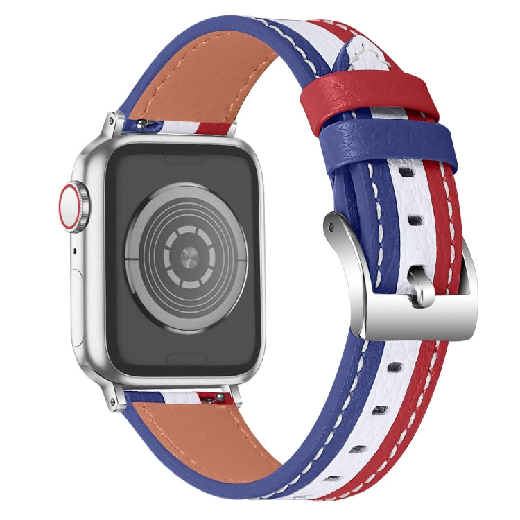 Color Matching Leather Watch Band For Apple Watch Ultra 49mm&Watch Ultra 2 49mm / Series 9&8&7 45mm / SE 3&SE 2&6&SE&5&4 44mm / 3&2&1 42mm(Blue White Red) by bashfashion