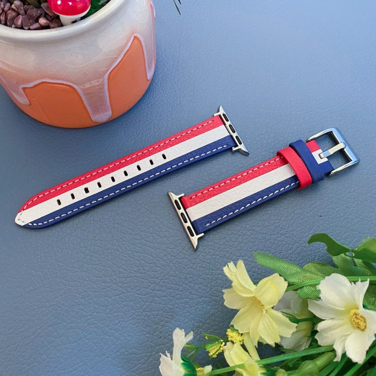 Color Matching Leather Watch Band For Apple Watch Ultra 49mm&Watch Ultra 2 49mm / Series 9&8&7 45mm / SE 3&SE 2&6&SE&5&4 44mm / 3&2&1 42mm(Blue White Red) by bashfashion